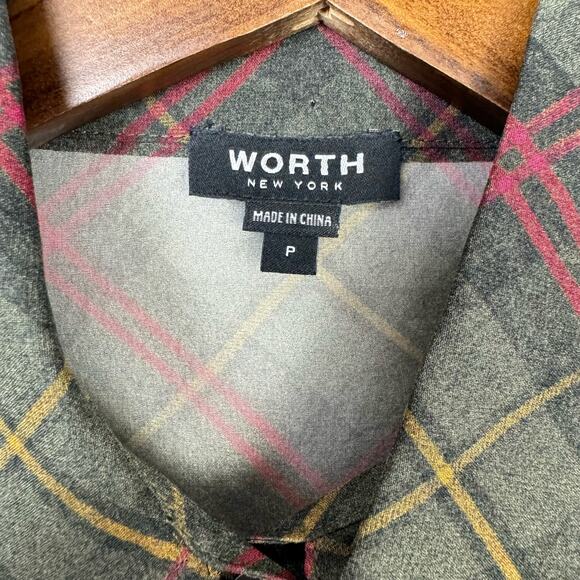 Worth New York | NWT Green Tartan Plaid 100% Silk Long Sleeve Button Down Blouse - Picture 11 of 14